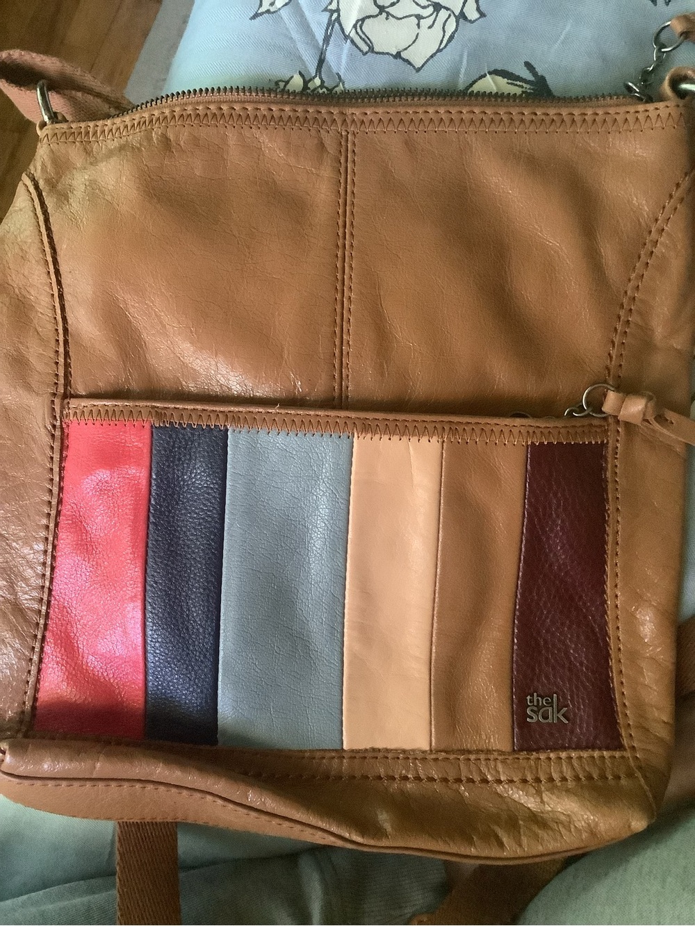 The Sak Tan Leather Crossbody with Multicolor Stripe Front